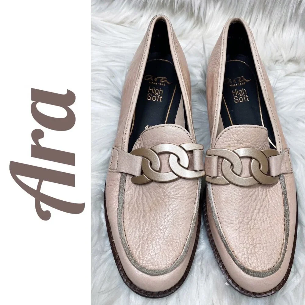 ARA KAELIN LEATHER BLUSH PINK CHAIN LINK LOAFER‎ ACADEMIA PREPPY, SIZE 6.5